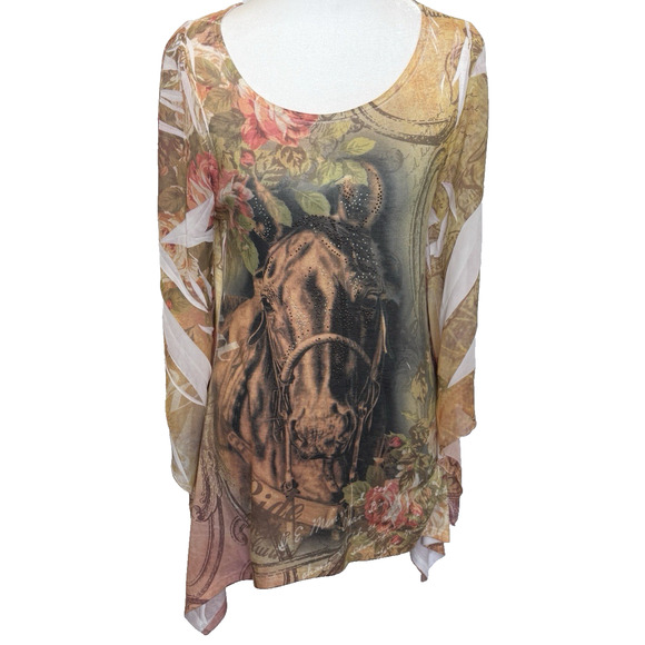 Cal Style Womens Asymmetrical Floral Sheer Equestrian Tunic Size S Western Boho - Picture 1 of 11